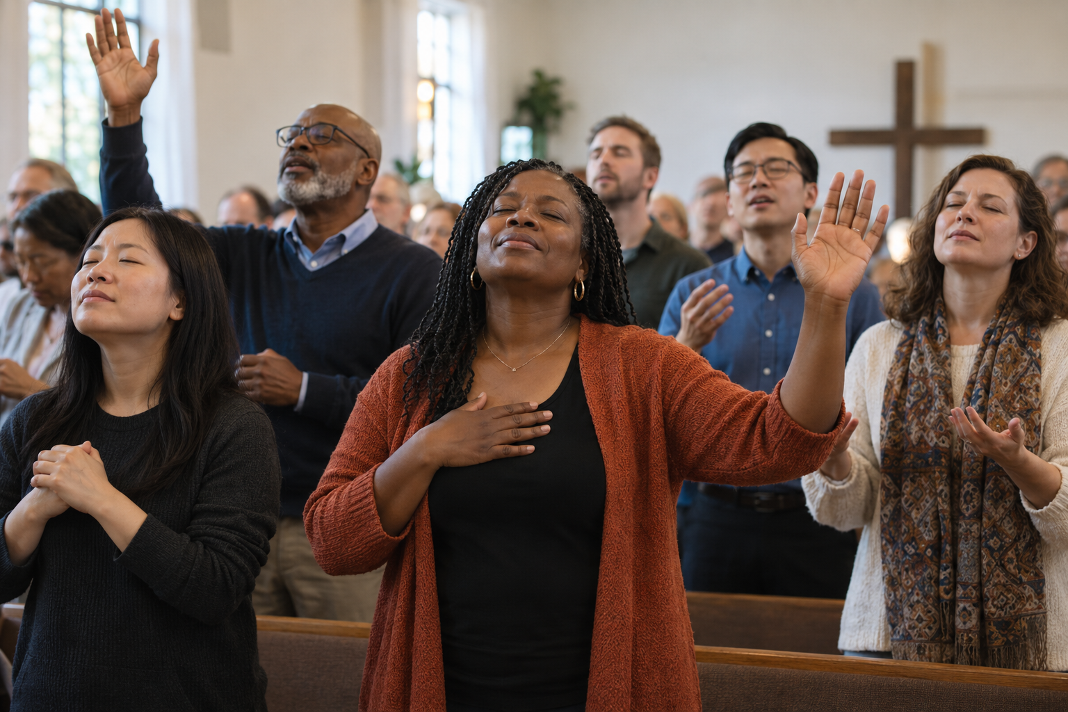 Men and women worshiping together